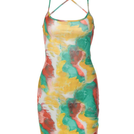 Onbely robe courte trapèze dos nu à fines brides taille marquée mode hawaienne vacances plage