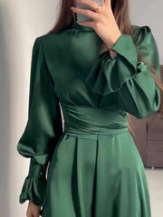 Onbely robe longue en satin femme élégante douce col roulé à volants manches bouffantes soirée anniversaire cérémonie