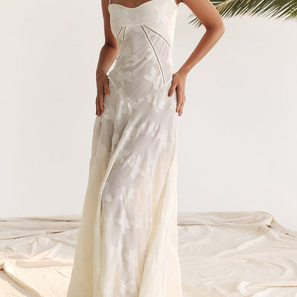 Onbely robe de soirée longue blanche en jacquard élégante à fines brides pour bal de promo ou mariage