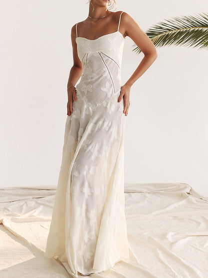 Onbely robe de soirée longue blanche en jacquard élégante à fines brides pour bal de promo ou mariage