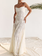 Onbely Elegant White Jacquard Long Evening Dress with Thin Straps for Prom or Wedding