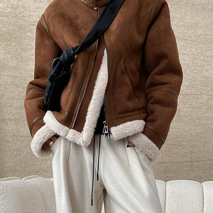 Onbely manteau aviateur en suedine laine pour femme hiver