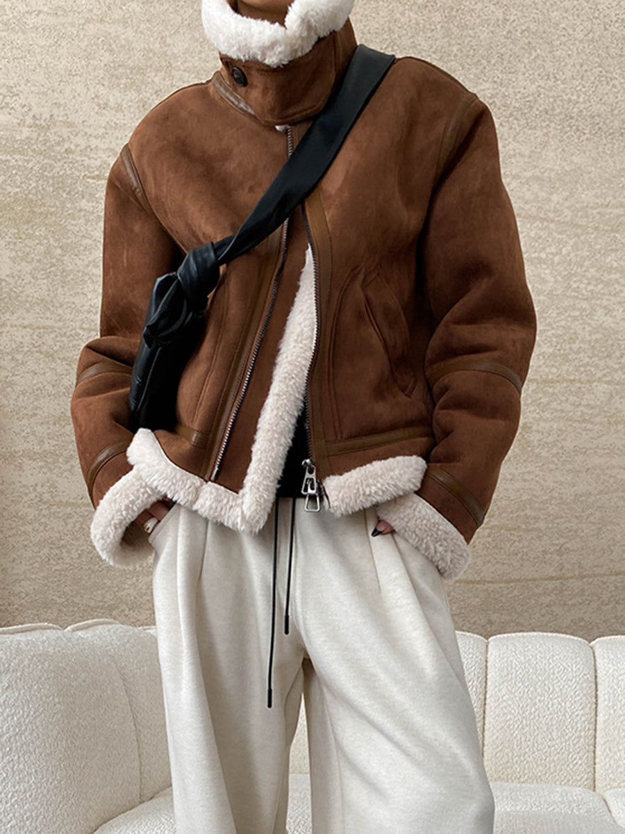 Onbely manteau aviateur en suedine laine pour femme hiver