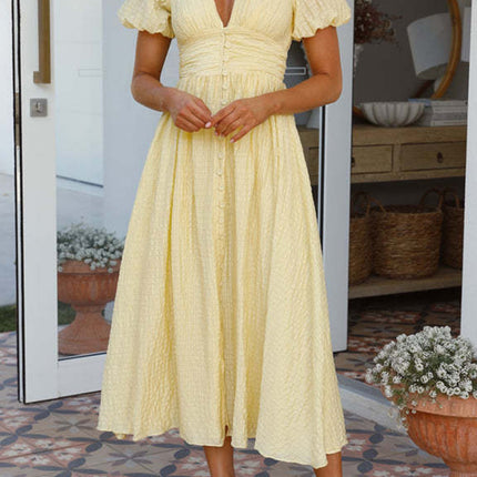 Onbely robe longue boutonnage v-col manches bouffantes élégant