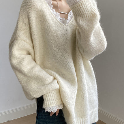 Onbely pull dentelle Col en V pour femme ample casual