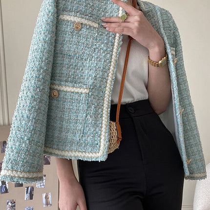 Onbely veste courte en tweed boutonnage avec poches femme élégant bleu