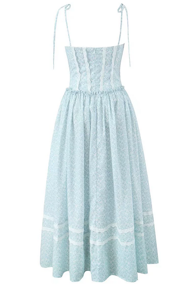 Onbely mi-longue robe imprimé à fleurie dentelle à fines brides Chic cocktail Bleu