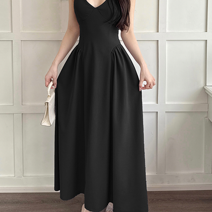 Onbely robe longue trapèze unicolore dos nu v-cou élégant bal de promo