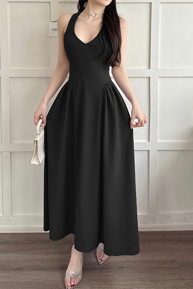 Onbely robe longue trapèze unicolore dos nu v-cou élégant bal de promo