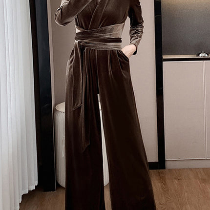 Onbely combinaison velours strappy Col en V manches longues femme élégant