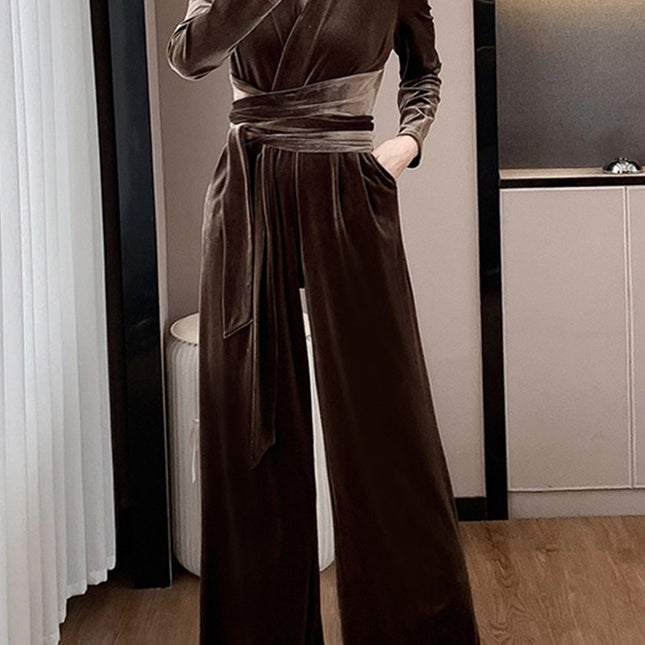 Onbely combinaison velours strappy Col en V manches longues femme élégant