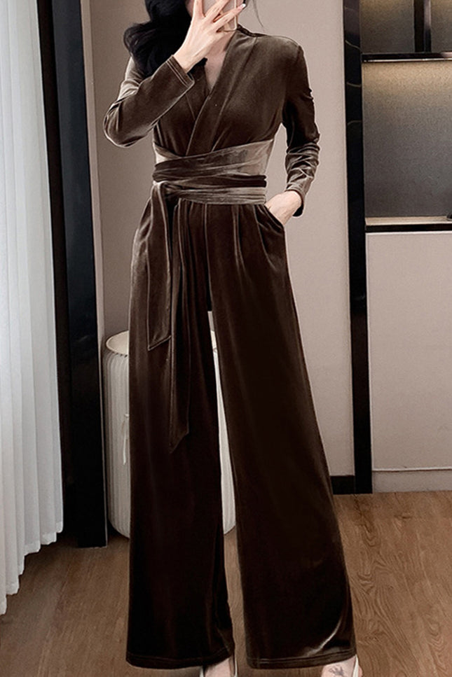 Onbely combinaison velours strappy Col en V manches longues femme élégant