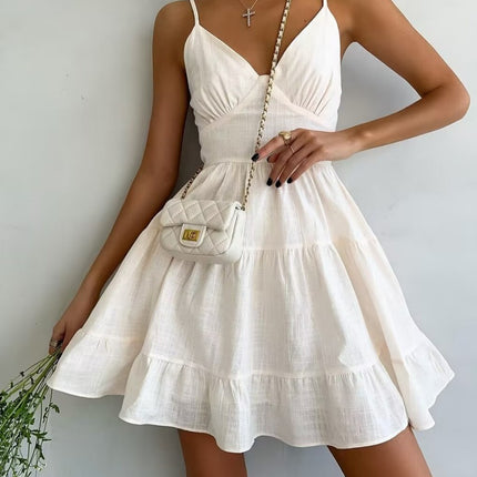 Onbely robe courte trapèze unicolore coton dos nu à fines brides col en V mode décontractée tous les jours vacances