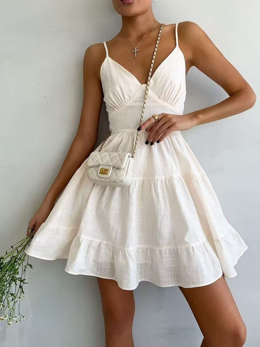 Onbely robe courte trapèze unicolore coton dos nu à fines brides col en V mode décontractée tous les jours vacances