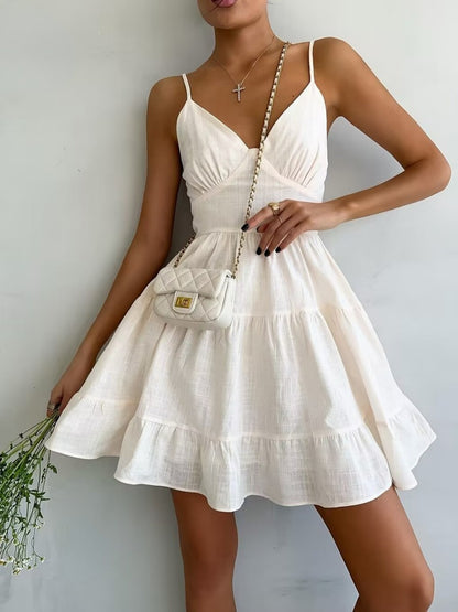 Onbely robe courte trapèze unicolore coton dos nu à fines brides col en V mode décontractée tous les jours vacances