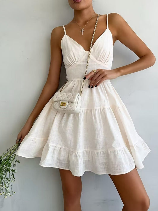 Onbely robe courte trapèze unicolore coton dos nu à fines brides col en V mode décontractée tous les jours vacances