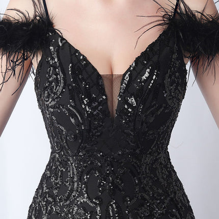 Onbely robe de soirée maxi longue en paillettes brillantes avec plumes pour un mariage femme cérémonie