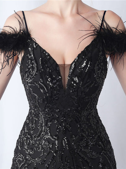 Onbely robe de soirée maxi longue en paillettes brillantes avec plumes pour un mariage femme cérémonie