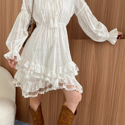 Onbely robe courte gâteau dentelle strappy manches longues bohème blanc boho dress