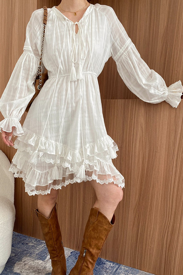 Onbely robe courte gâteau dentelle strappy manches longues bohème blanc boho dress
