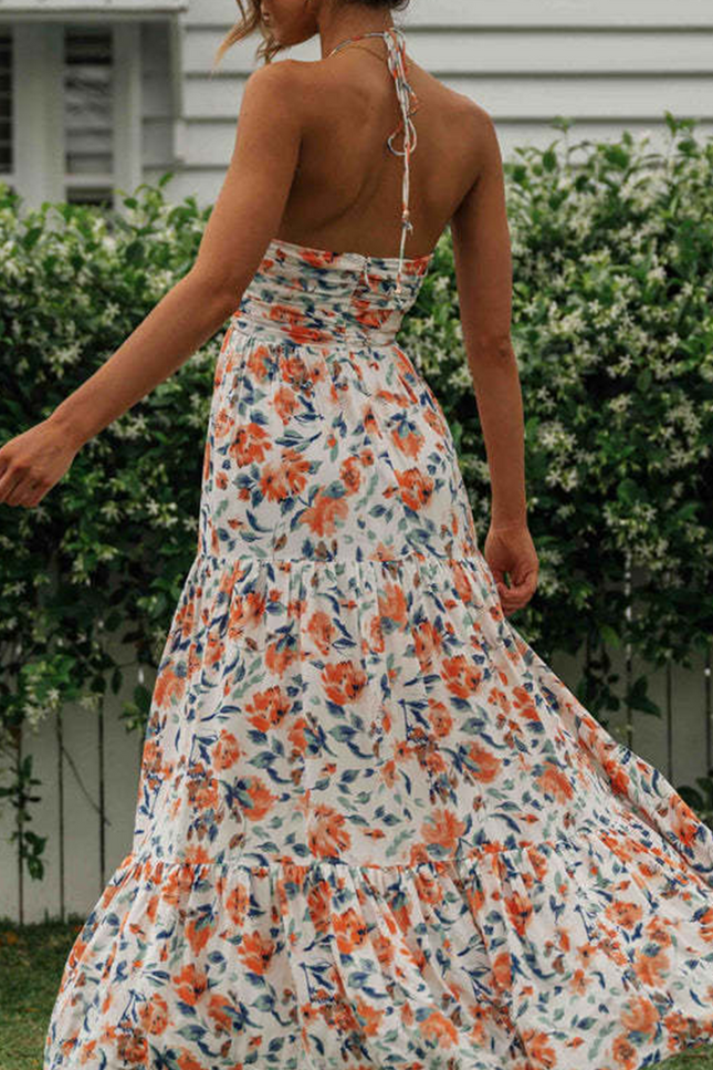 Onbely Robe longue mousseline imprimé à fleurie licou dos nu vacances