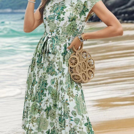 Onbely mi-longue robe trapèze imprimé à fleurie col rond manches courtes taille marquée mode vacances plage