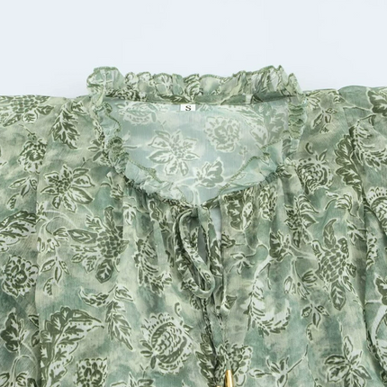 Onbely Blouse Bouffantes mousseline Imprimé Fleuri col jabot femme Vert