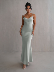 Onbely Spaghetti Straps Backless Satin Long Evening Dress