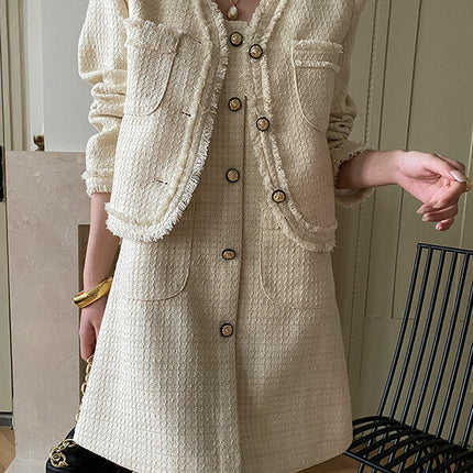 Onbely ensemble veste robe courte tweed boutonnage avec poches femme