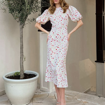 Onbely robe longue fleurs sirène col rond manches bouffantes manches courtes cintrée doux tous les jours bureau
