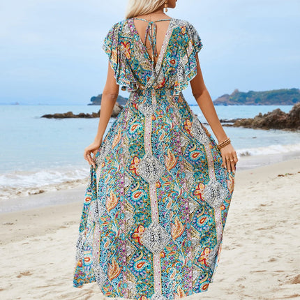 Onbely robe longue trapèze imprimé à fleurie fendu le côté dos nu col en V manches courtes taille marquée bohème vacances plage boho dress