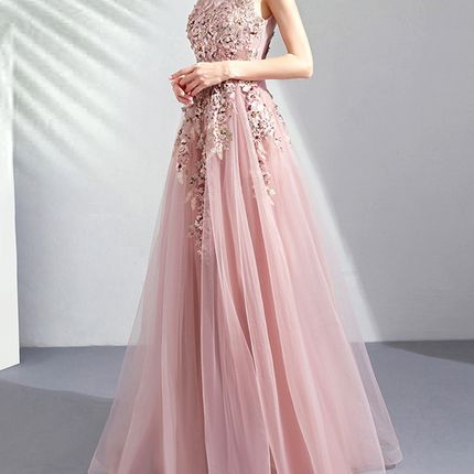 Onbely robe maxi longue de soirée brodée élégant rose - onbely