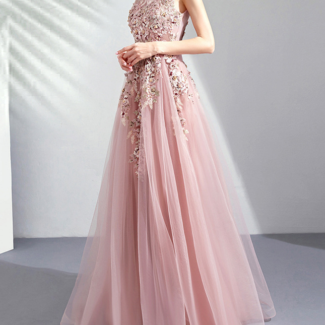 Onbely robe maxi longue de soirée brodée élégant rose - onbely