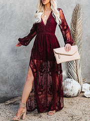 Onbely Long Lace Dress Side Slit V-Neck Bohemian