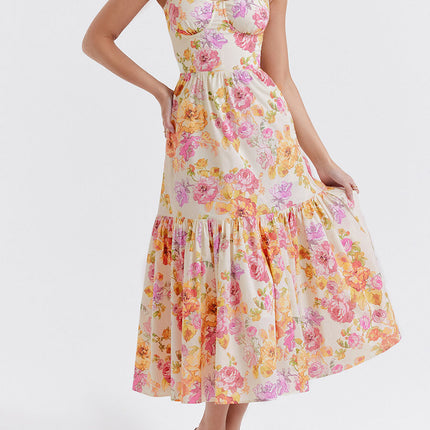 Onbely robe de soirée Mi-Longue Imprimée à Fleurs à Fines Brides pour Bal de Promo