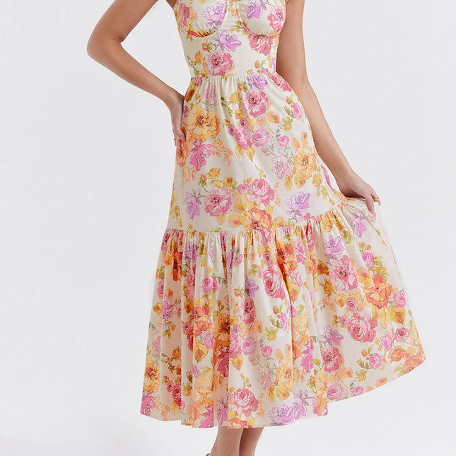 Onbely robe de soirée Mi-Longue Imprimée à Fleurs à Fines Brides pour Bal de Promo