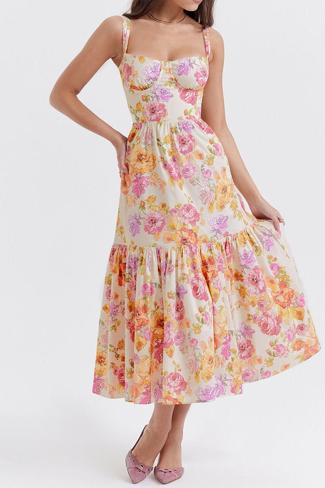 Onbely robe de soirée Mi-Longue Imprimée à Fleurs à Fines Brides pour Bal de Promo