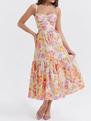 Onbely Floral Printed Spaghetti Straps Prom Midi Evening Dress