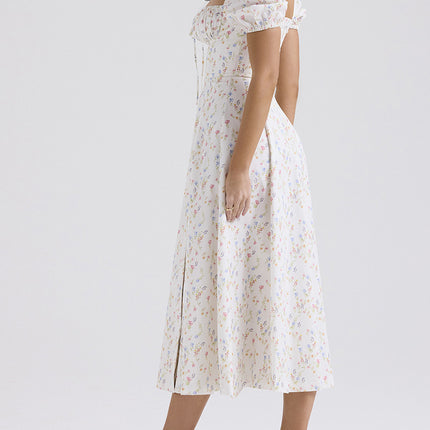 Onbely robe de soirée longue blanche à imprimé fleuri col carré et manches bouffantes pour ou mariage