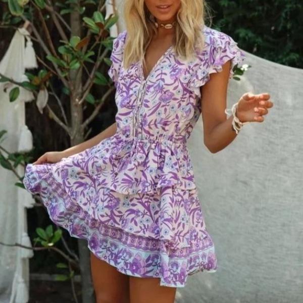 Robe Courte Bohème à Imprimé Floral Lilas boho dress