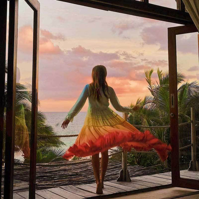 Robe Maxi Bohème à Volants Arc-en-Ciel boho dress