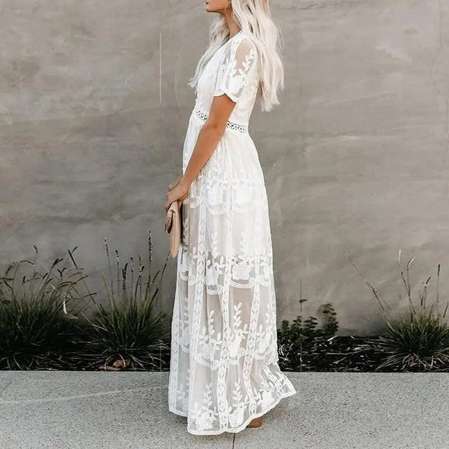 Robe Maxi Bohème Blanche en Dentelle à Manches Courtes boho dress