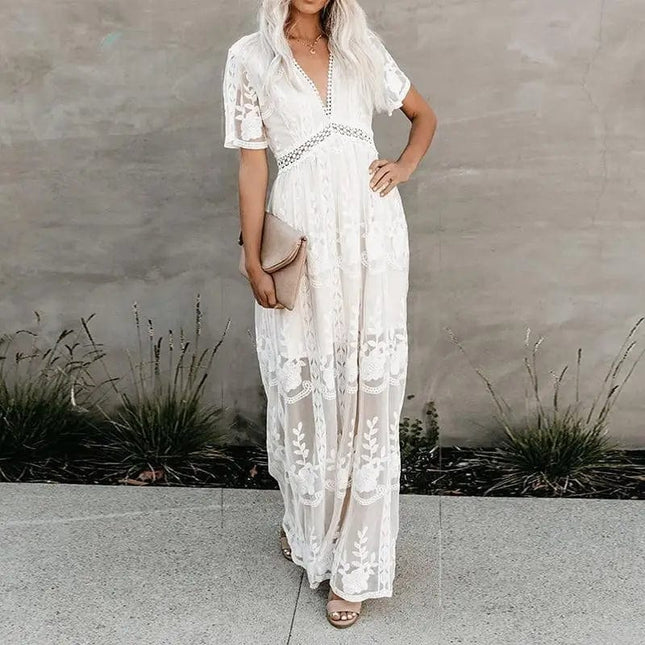 Robe Maxi Bohème Blanche en Dentelle à Manches Courtes boho dress
