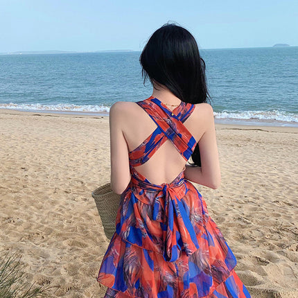 Onbely robe maxi longue licou froufrou dos nu orange