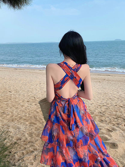 Onbely robe maxi longue licou froufrou dos nu orange