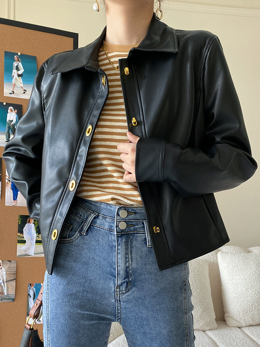 Onbely veste en cuir PU boutonnage femme mode noir