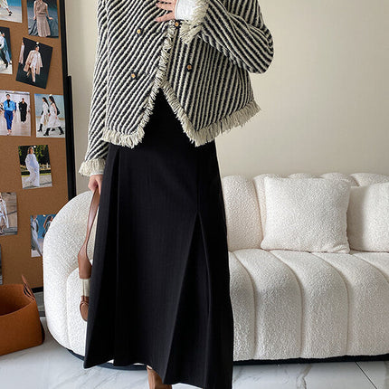 Onbely veste courte rayée en tweed avec frange et poches pour femme élégante