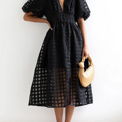 Onbely Robe Mi-Longue à Carreaux avec Col en V et Manches Bouffantes