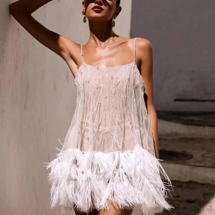 Onbely robe courte en tulle à franges dos nu à fines bretelles sans manches femme élégante de soirée de cocktail