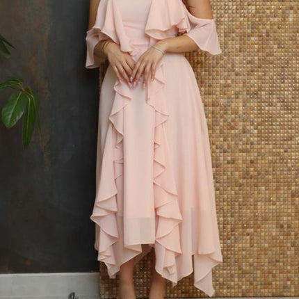 Onbely mi-longue robe irrégulière unicolore à fines brides col en V mode